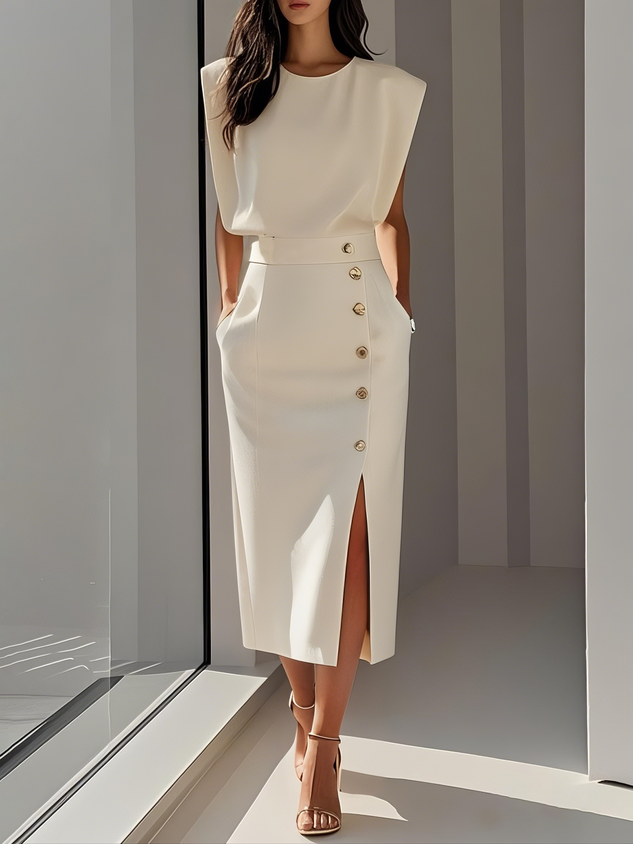 Noor | Round Neck Button-Slit Midi Dress