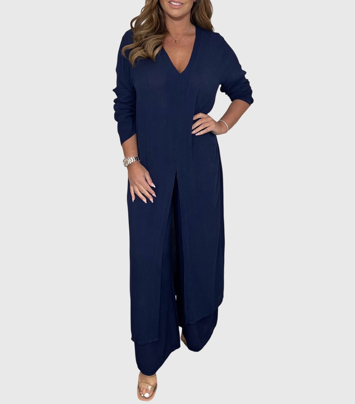 Marisela | V Neck Blouse & Wide Leg Pants Set