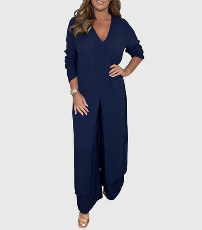 Marisela | V Neck Blouse & Wide Leg Pants Set