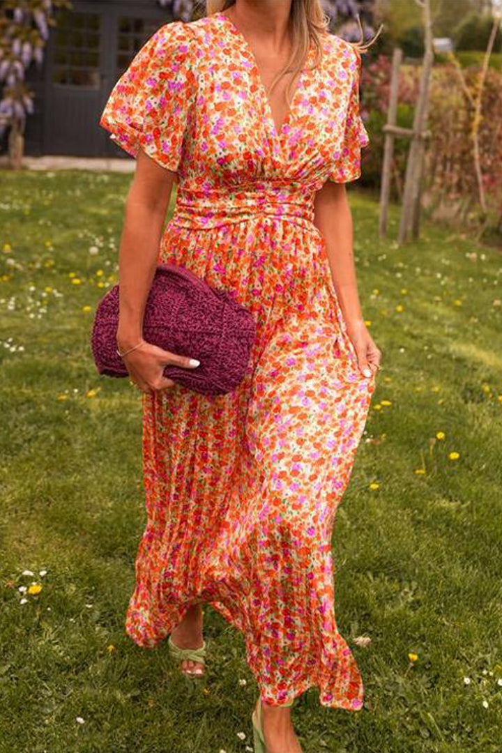 Esmée | Floral V-Neck Pleated Wedding Guest Maxi Dress