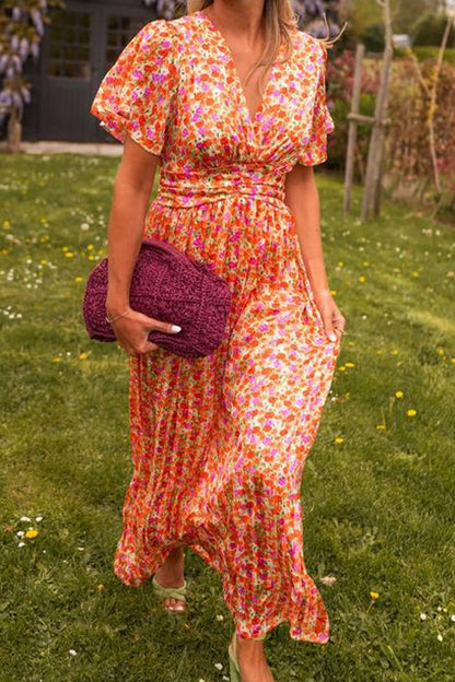 Esmée | Floral V-Neck Pleated Wedding Guest Maxi Dress