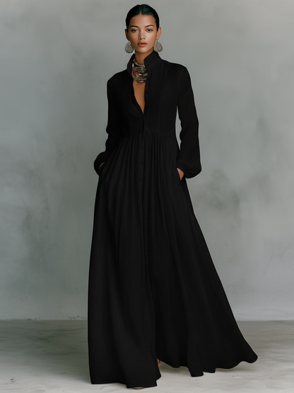 Maribel | Stand Collar Long Sleeve Shirt Maxi Dress
