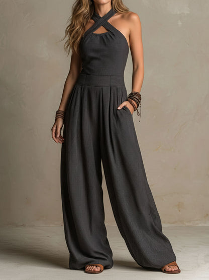 Quinn | Crisscross Halter Wide-Leg Jumpsuit