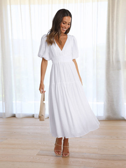 Élise | Smocked V-Neck Cocktail Midi Dress