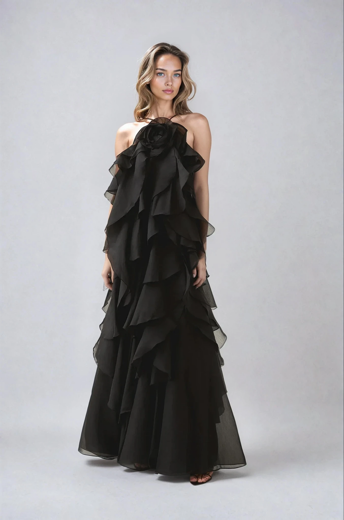 Halla | Halter Ruffle Tiered Maxi Cocktail Dress