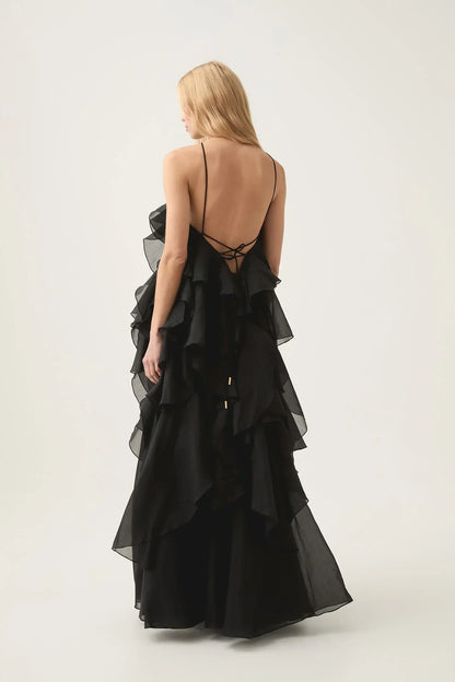 Halla | Halter Ruffle Tiered Maxi Cocktail Dress