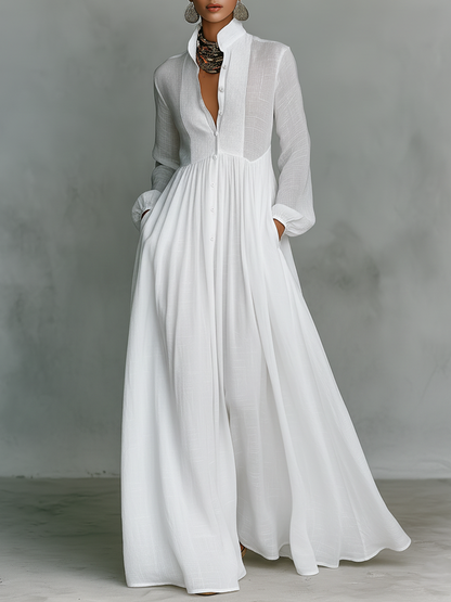 Maribel | Stand Collar Long Sleeve Shirt Maxi Dress