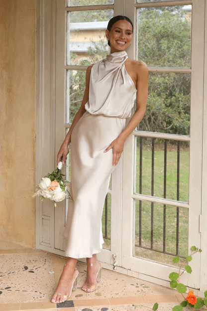 Amelina | Satin Halter Midi Dress