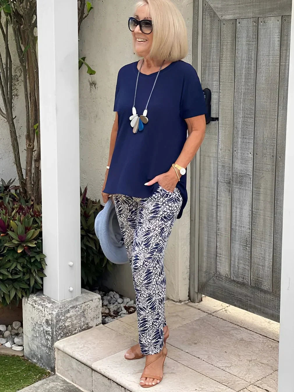 Lambertine | Top & Printed Tapered Pants Set