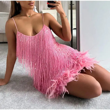 Fleur | Pink Feather Sequin Mini Dress