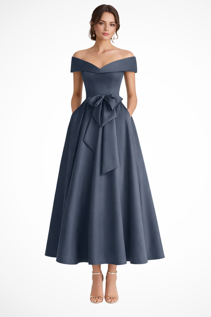 Delphine | Off Shoulder Bow Midi Dress