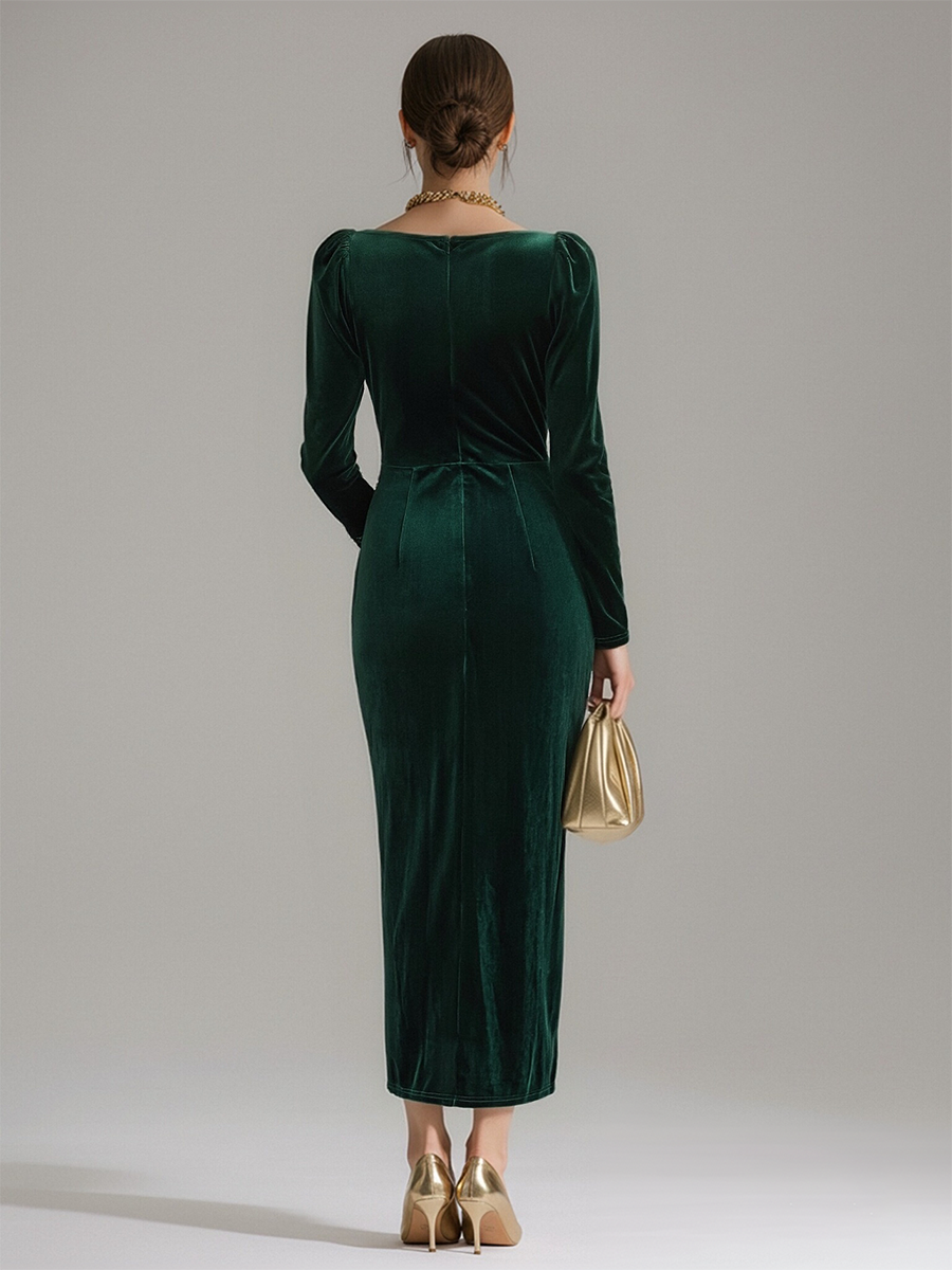 Velloré | Ruffle Neck Long Sleeve Velvet Midi Dress