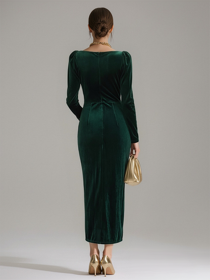 Velloré | Ruffle Neck Long Sleeve Velvet Midi Dress