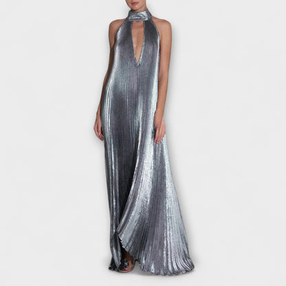 Lyra | Halter Neck Deep V Metallic Prom Maxi Dress