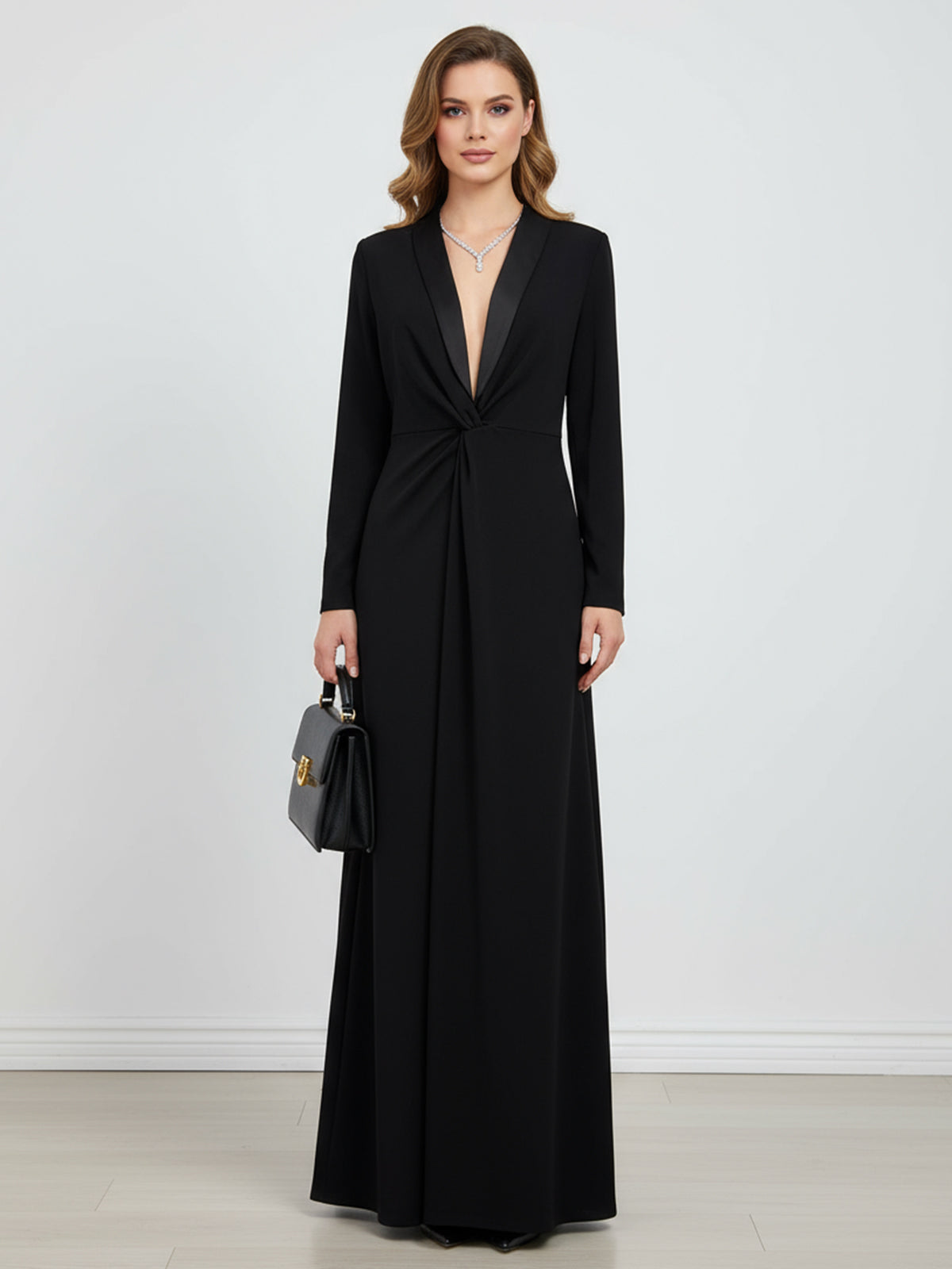 Lena | Black Deep V Twist-Front Maxi Dress