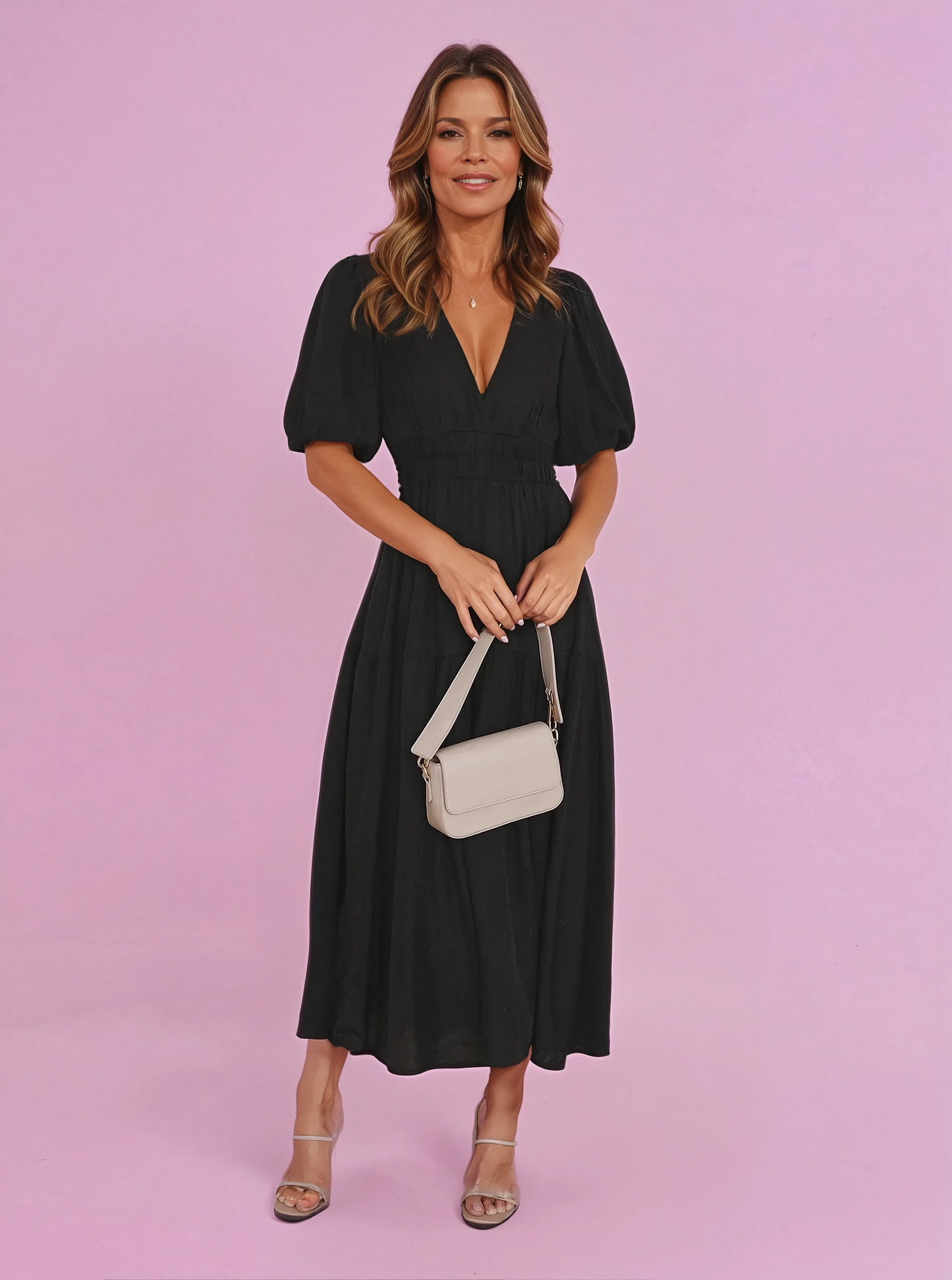 Élise | Smocked V-Neck Cocktail Midi Dress