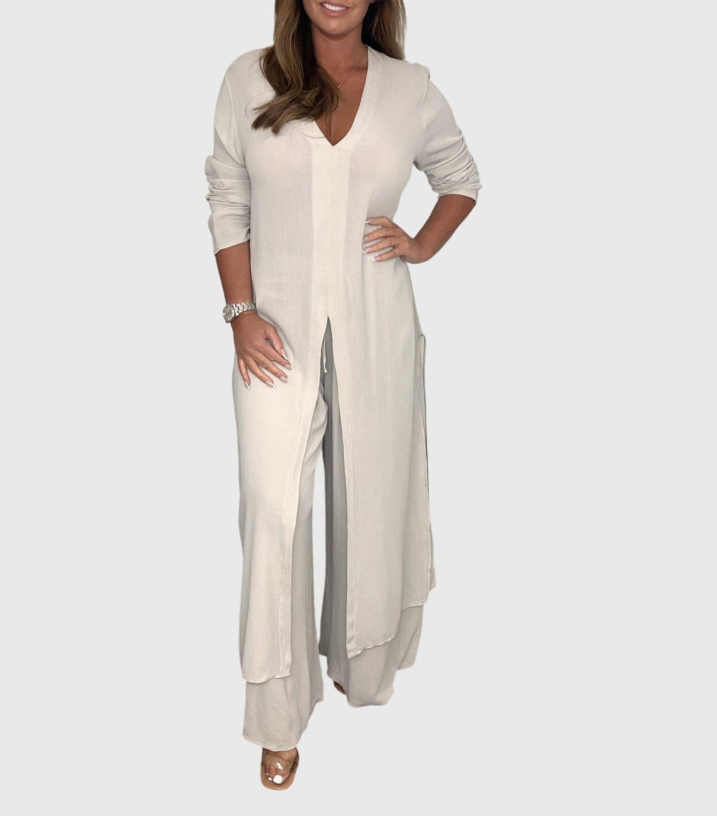 Marisela | V Neck Blouse & Wide Leg Pants Set