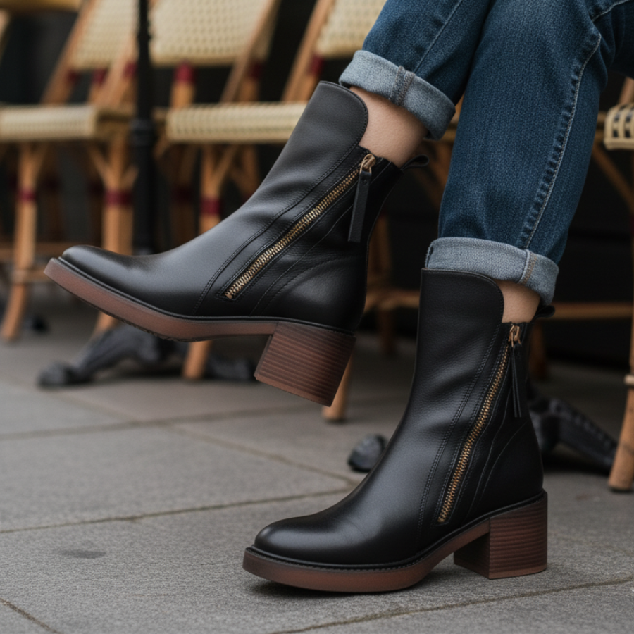 Gracelyn | Black leather boot with a comfortable heel, elegant and timeless
