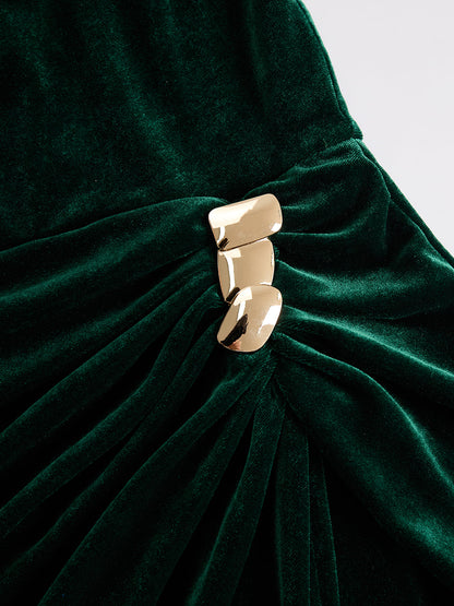 Velloré | Ruffle Neck Long Sleeve Velvet Midi Dress
