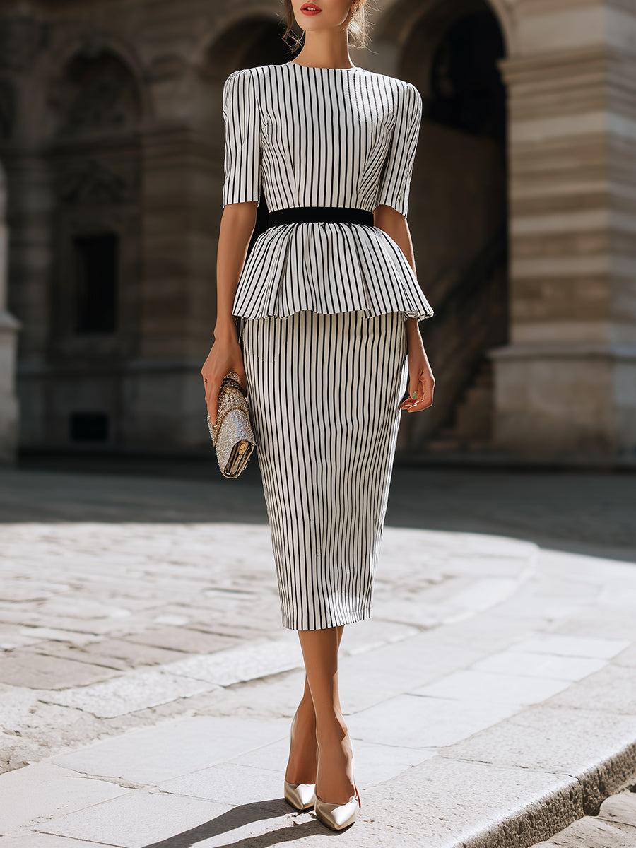 Aurelia | Striped Peplum Top & Pencil Skirt Set