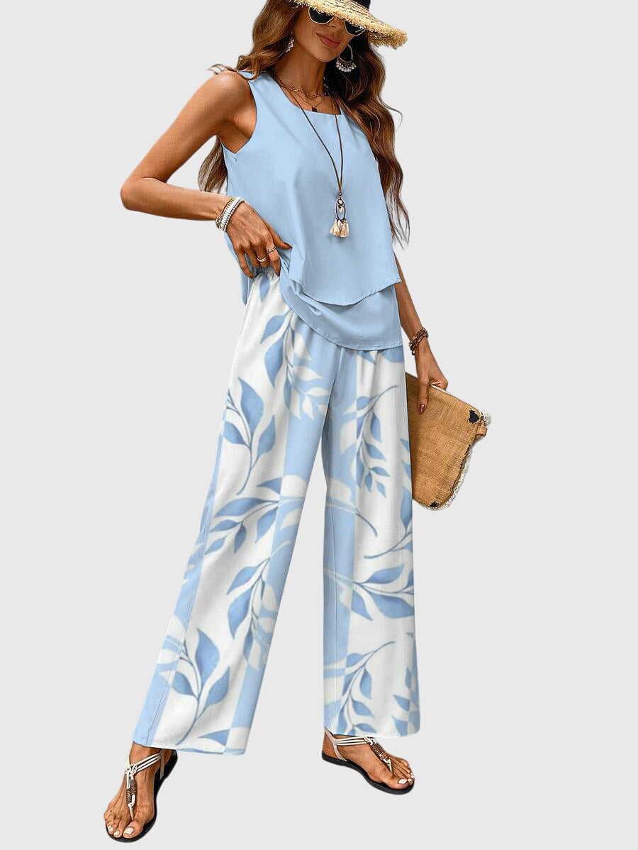 Solina | Square Neck Top & Printed Wide Leg Pants Set