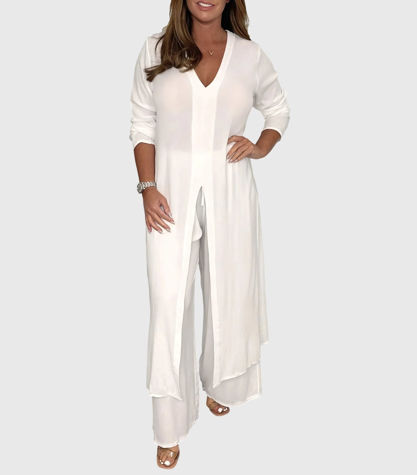Marisela | V Neck Blouse & Wide Leg Pants Set
