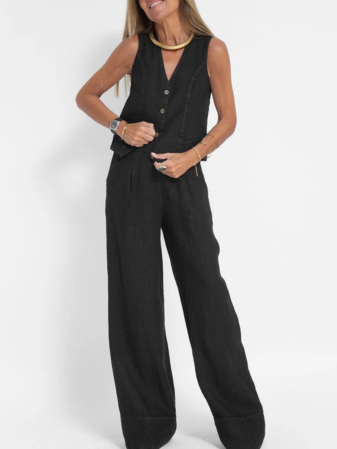 Vera | Buttoned Vest and Wide-Leg Trouser Set