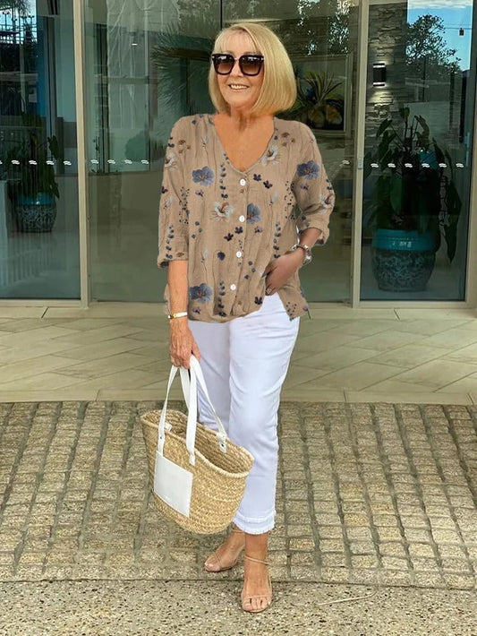 Clotilde | Floral V-Neck Three-Quarter Sleeve Blouse