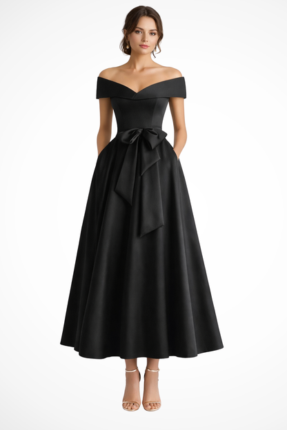 Delphine | Off Shoulder Bow Midi Dress