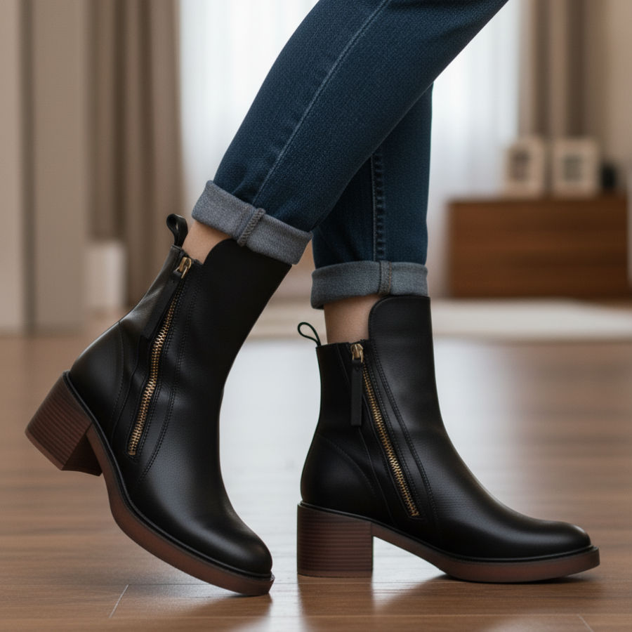 Gracelyn | Black leather boot with a comfortable heel, elegant and timeless