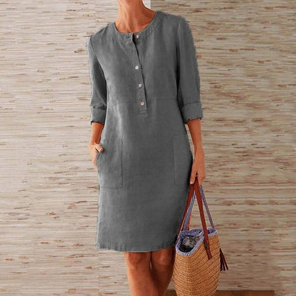 Clémentine | Button-Front Shift Midi Dress with Pockets