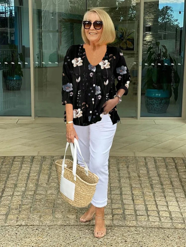 Clotilde | Floral V-Neck Three-Quarter Sleeve Blouse