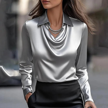 Mélusine | Draped Neck Long Sleeve Satin Blouse