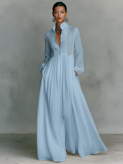Maribel | Stand Collar Long Sleeve Shirt Maxi Dress