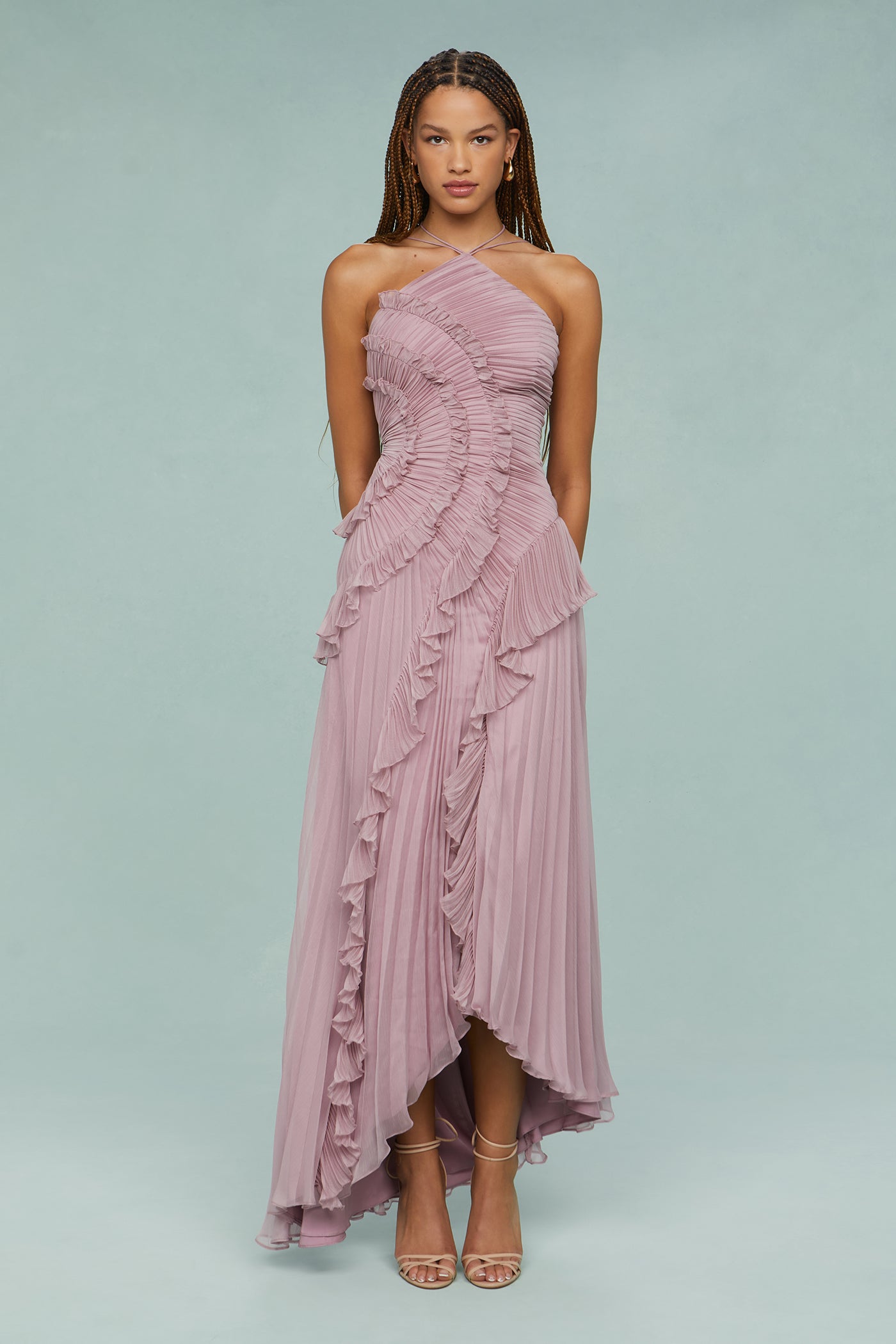 Vespera | Halter Pleated Formal Maxi Dress