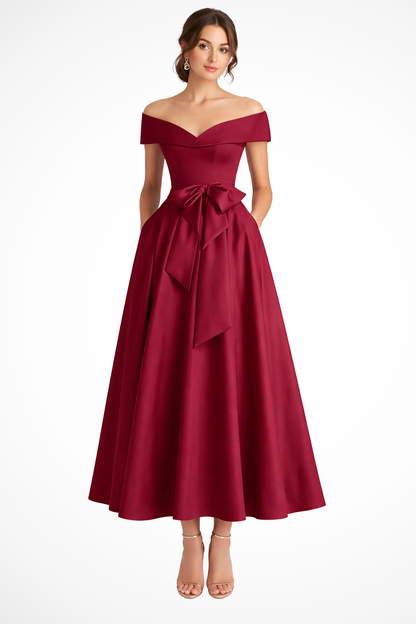 Delphine | Off Shoulder Bow Midi Dress