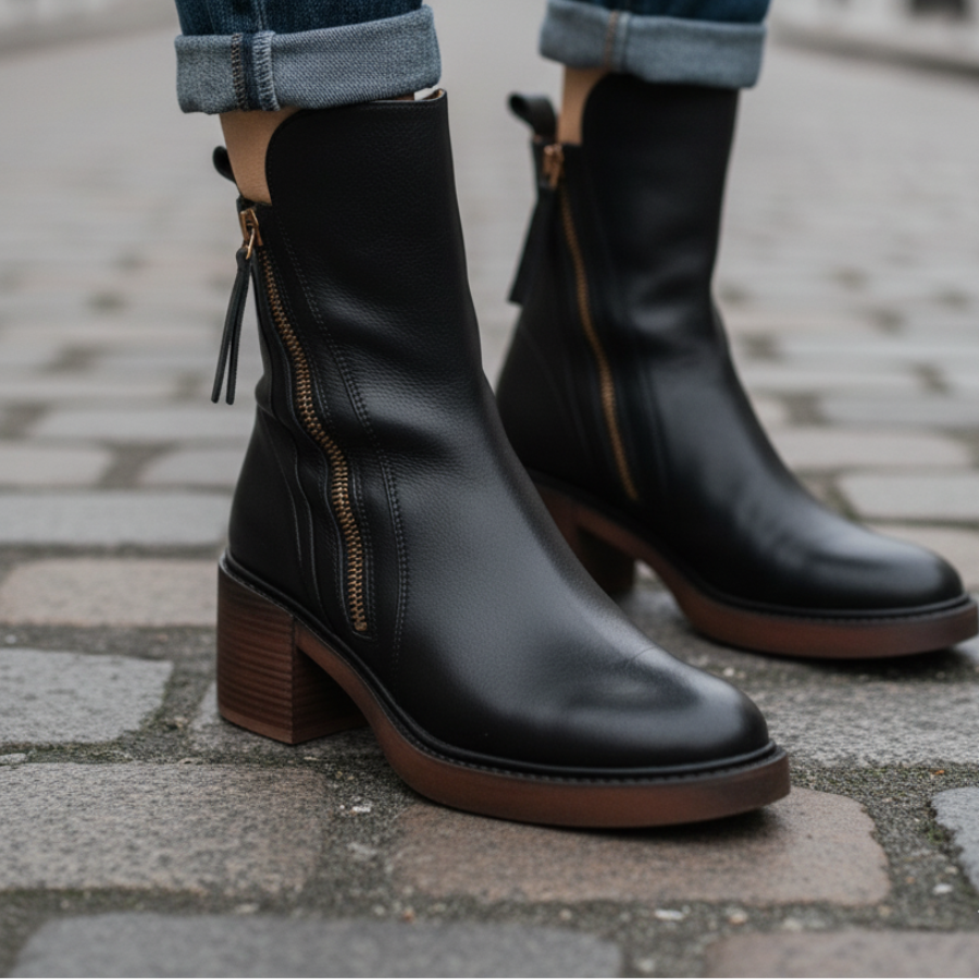 Gracelyn | Black leather boot with a comfortable heel, elegant and timeless
