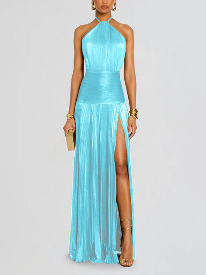 Astra | Metallic Plissé Halter Gown