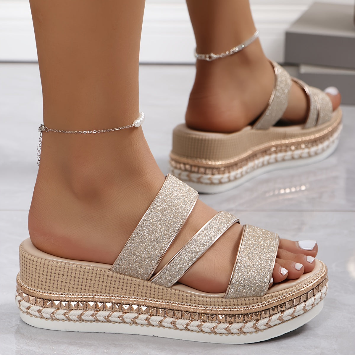 Cosima | Champagne Glitter Flat Sandals
