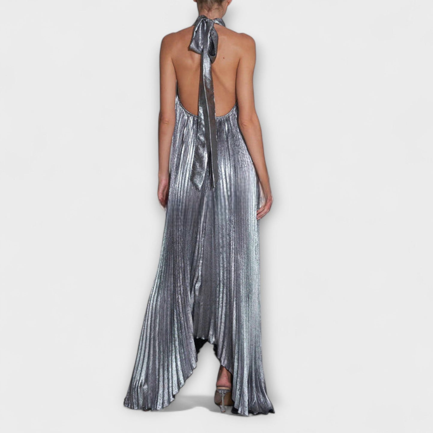 Lyra | Halter Neck Deep V Metallic Prom Maxi Dress