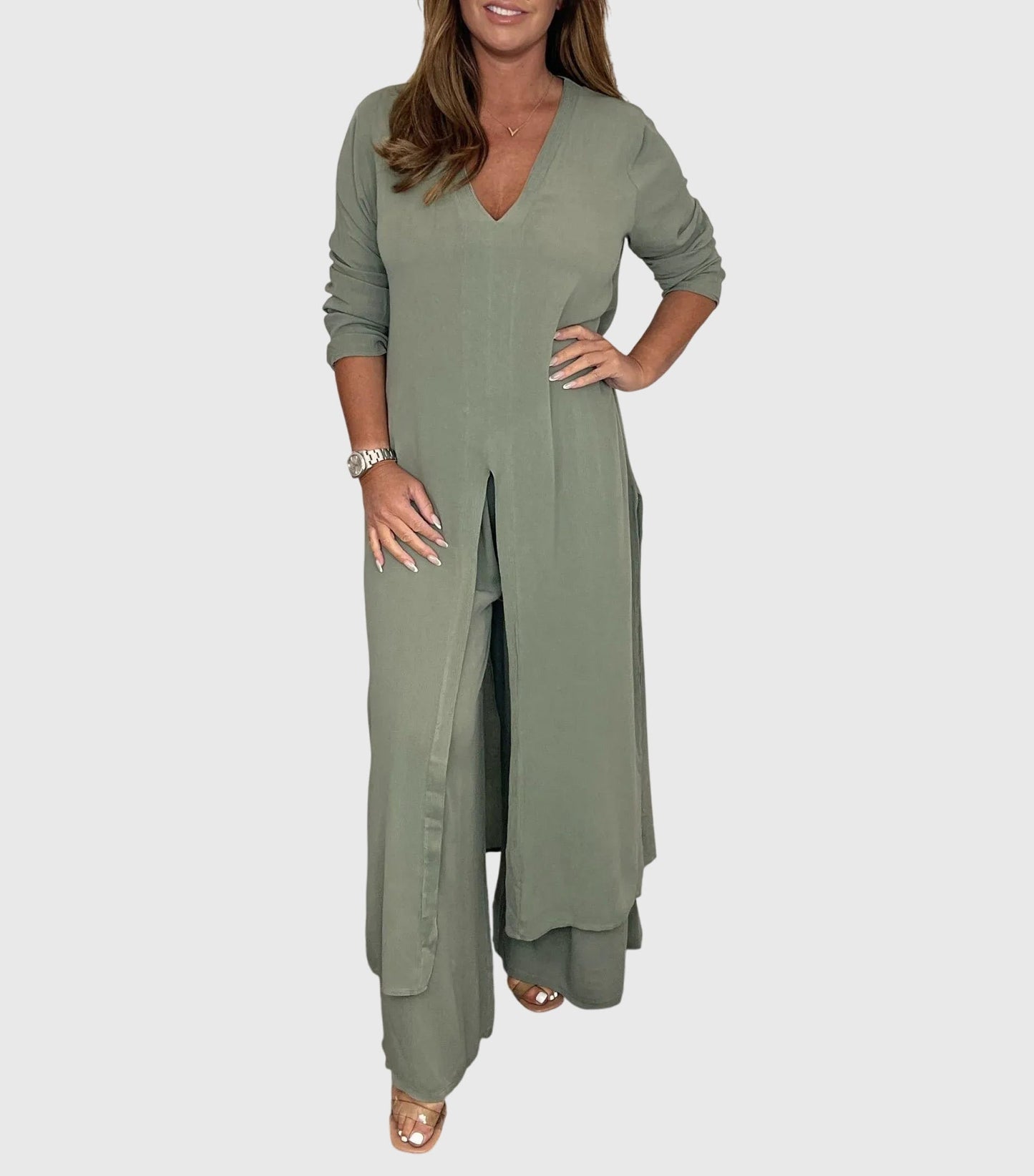 Marisela | V Neck Blouse & Wide Leg Pants Set