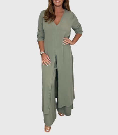 Marisela | V Neck Blouse & Wide Leg Pants Set