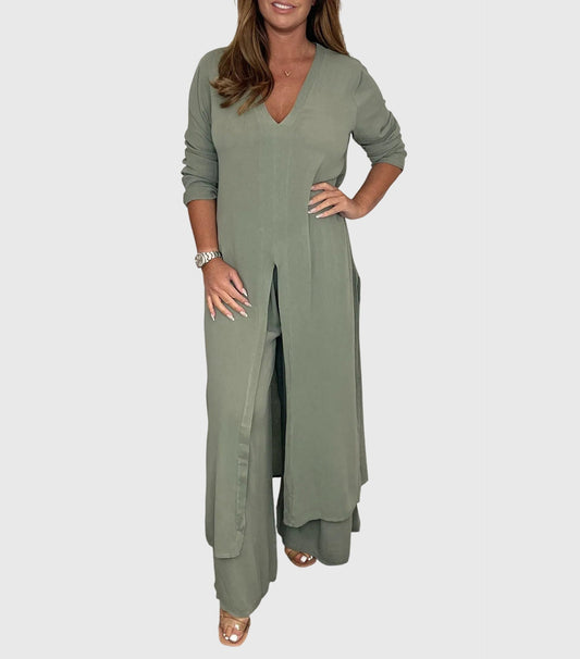 Marisela | V Neck Blouse & Wide Leg Pants Set