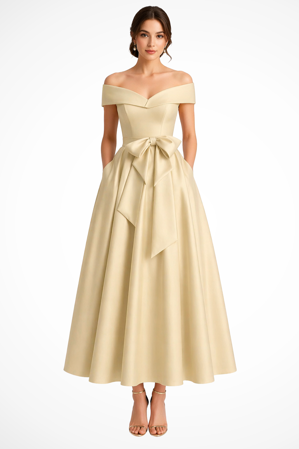 Delphine | Off Shoulder Bow Midi Dress