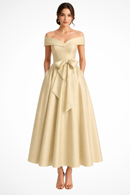Delphine | Off Shoulder Bow Midi Dress