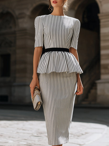 Aurelia | Striped Peplum Top & Pencil Skirt Set