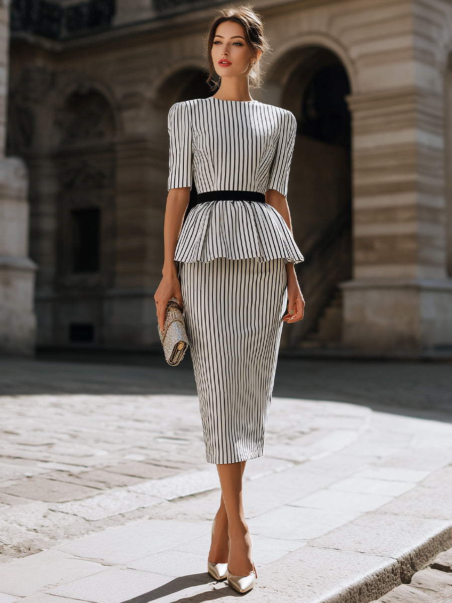Aurelia | Striped Peplum Top & Pencil Skirt Set