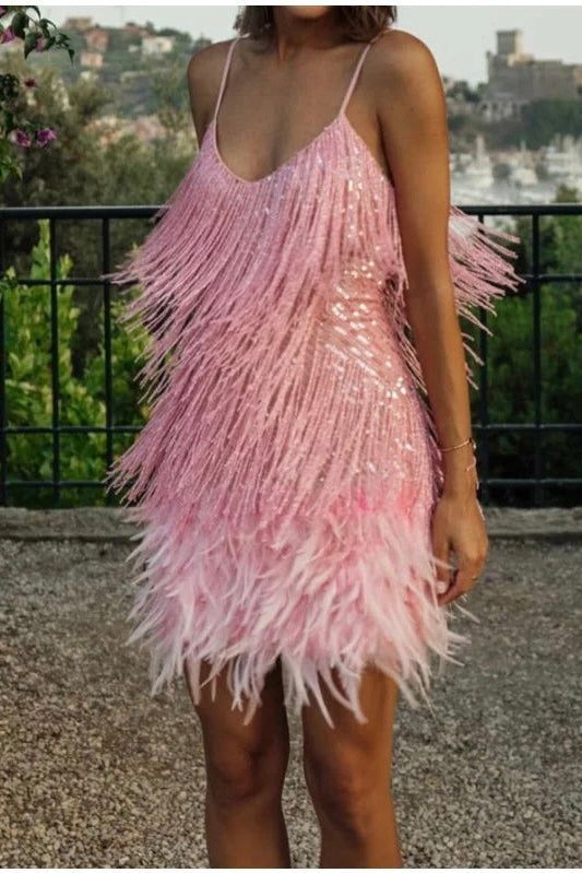 Fleur | Pink Feather Sequin Mini Dress