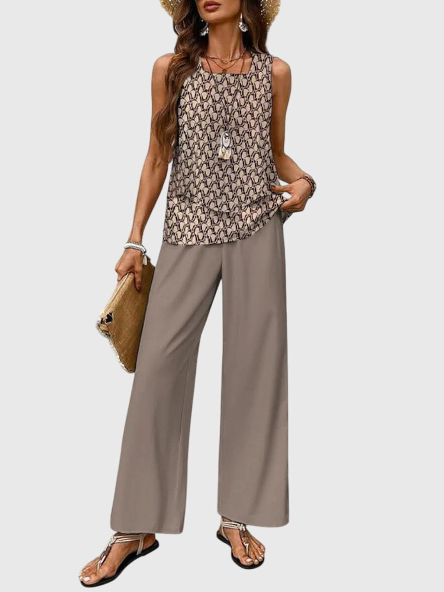 Solina | Square Neck Top & Printed Wide Leg Pants Set