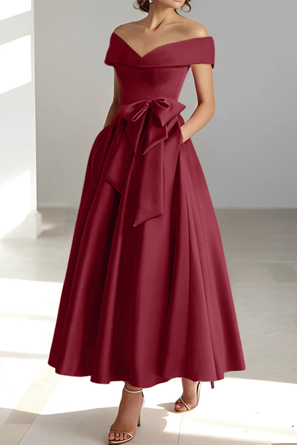 Delphine | Off Shoulder Bow Midi Dress